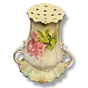 Vintage RS Prussia Hat Pin Holder Two Handles Pink Rose Green Gold Trim Red Star